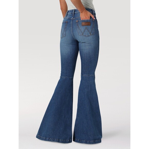 Wrangler Womens Retro High Rise Flare Denim Jeans Dark Blue Stretch Trumpet - Picture 7 of 14